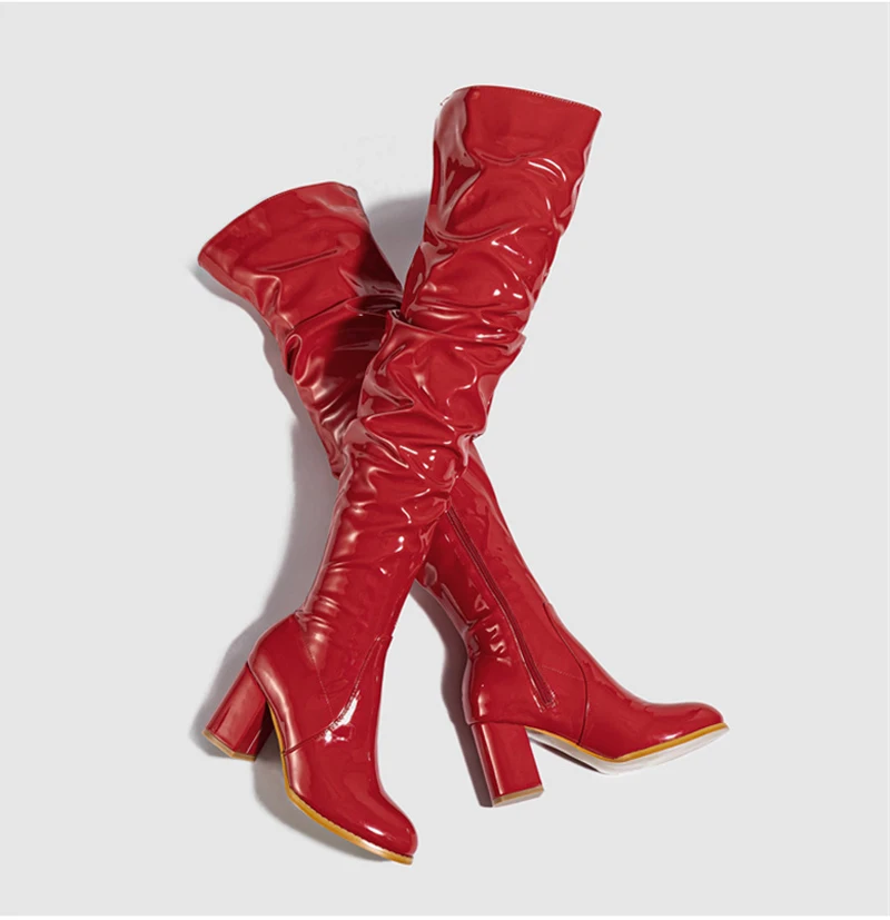 Liyke Fashion Round Toe Motorcycle Thigh High Boots Women Red Pleated Patent Leather Over The Knee Shoes Zip Autumn Winter Heels