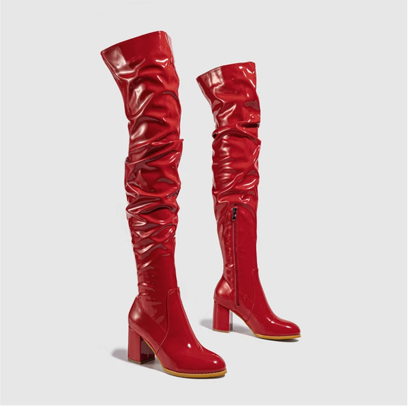 Liyke Fashion Round Toe Motorcycle Thigh High Boots Women Red Pleated Patent Leather Over The Knee Shoes Zip Autumn Winter Heels