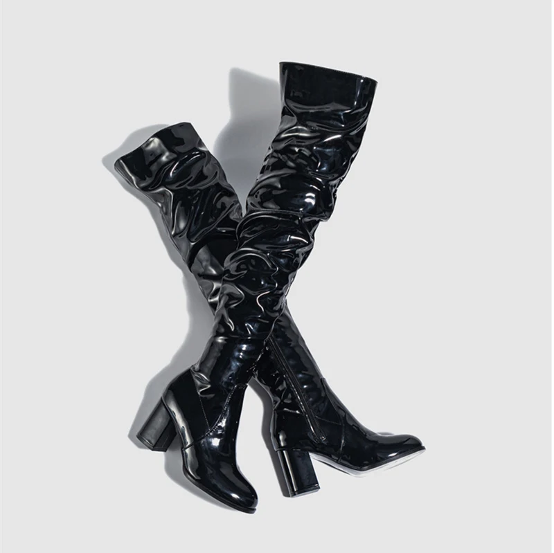 Liyke Fashion Round Toe Motorcycle Thigh High Boots Women Red Pleated Patent Leather Over The Knee Shoes Zip Autumn Winter Heels