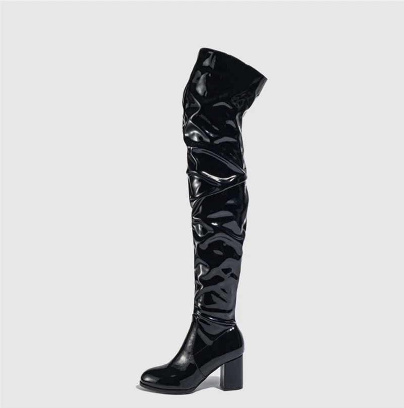Liyke Fashion Round Toe Motorcycle Thigh High Boots Women Red Pleated Patent Leather Over The Knee Shoes Zip Autumn Winter Heels