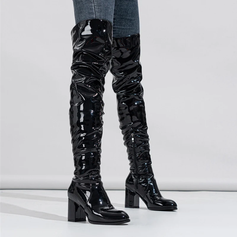 Liyke Fashion Round Toe Motorcycle Thigh High Boots Women Red Pleated Patent Leather Over The Knee Shoes Zip Autumn Winter Heels
