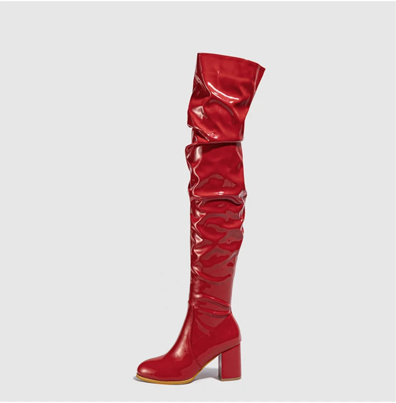 Liyke Fashion Round Toe Motorcycle Thigh High Boots Women Red Pleated Patent Leather Over The Knee Shoes Zip Autumn Winter Heels