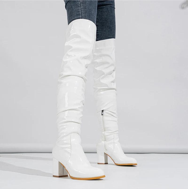 Liyke Fashion Round Toe Motorcycle Thigh High Boots Women Red Pleated Patent Leather Over The Knee Shoes Zip Autumn Winter Heels