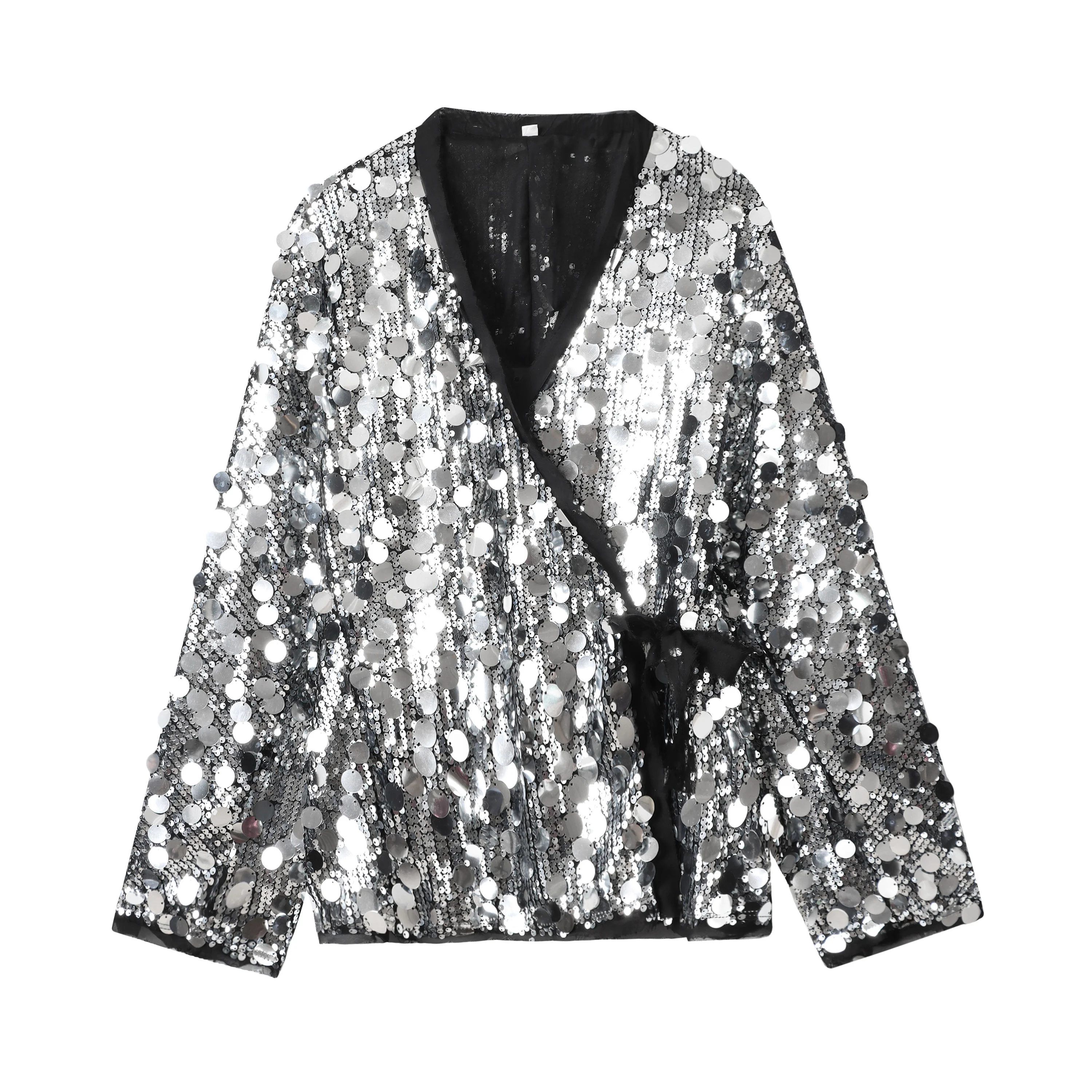 YENKYE New Autumn Women Sequin Kimono Jacket Coat Long Sleeve V Neck Female Casual Loose Outerwear Chic Lady Wrap Outfits