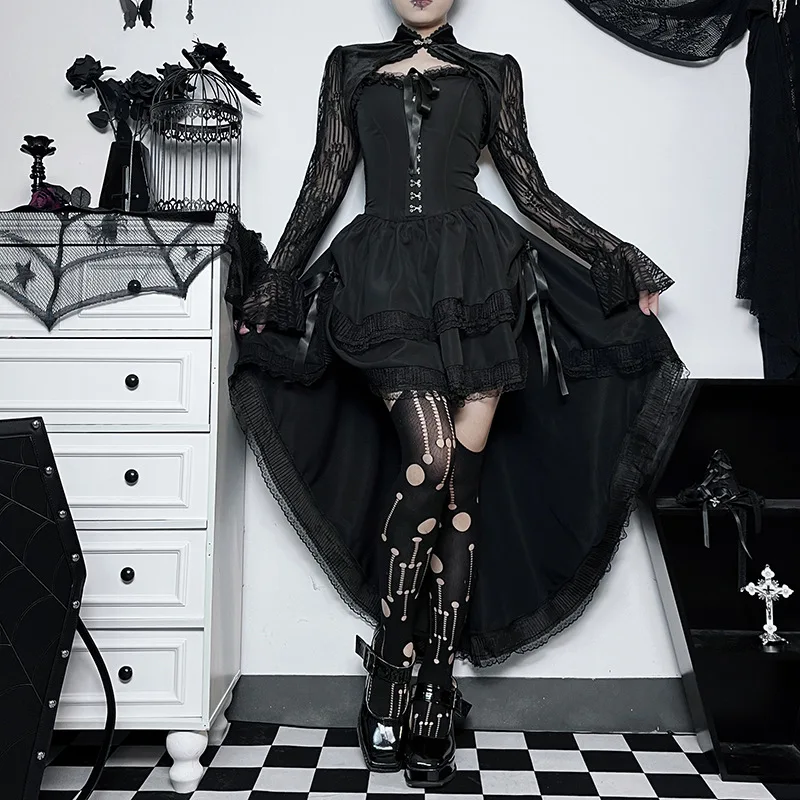 AltGoth Gothic Dark Halloween Black Dress Womem Palace Styel Lace Patchwork High Waist Corset Dress Nightclub Cosplay Partywear