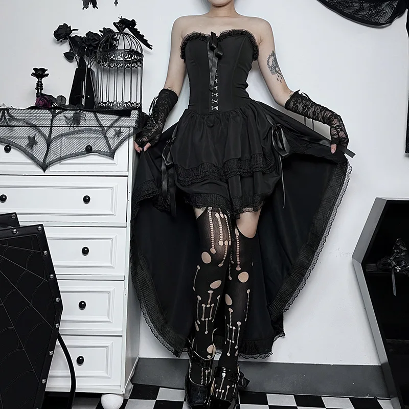 AltGoth Gothic Dark Halloween Black Dress Womem Palace Styel Lace Patchwork High Waist Corset Dress Nightclub Cosplay Partywear
