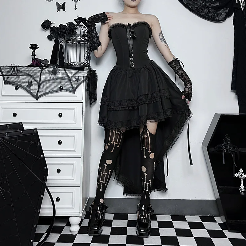 AltGoth Gothic Dark Halloween Black Dress Womem Palace Styel Lace Patchwork High Waist Corset Dress Nightclub Cosplay Partywear