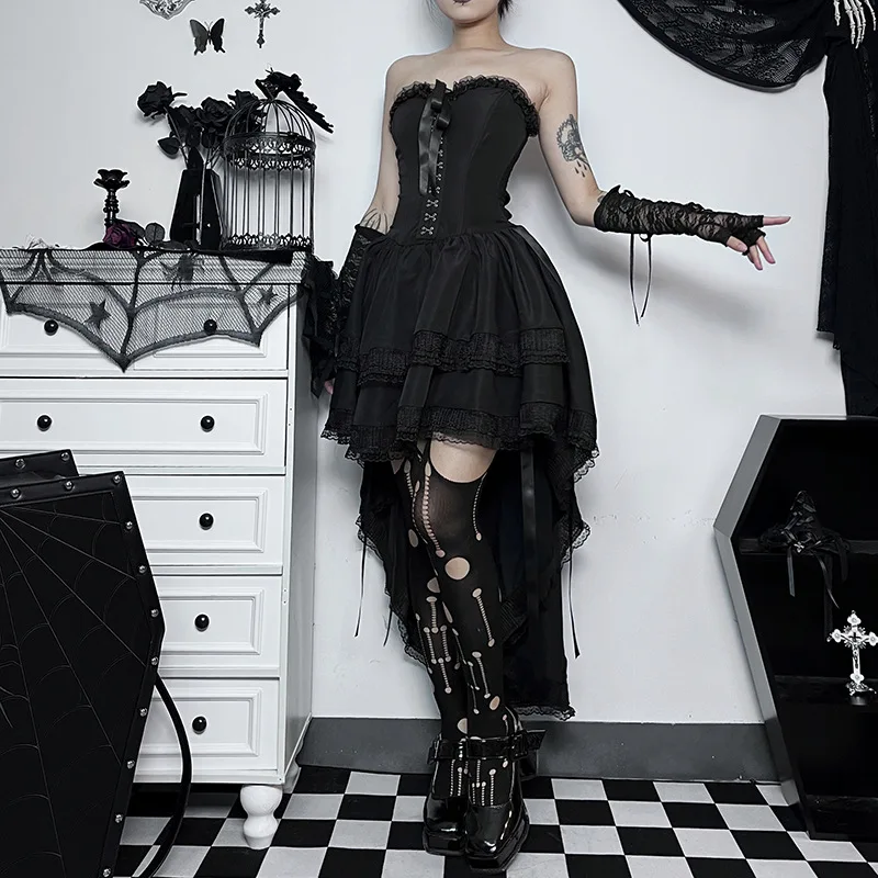 AltGoth Gothic Dark Halloween Black Dress Womem Palace Styel Lace Patchwork High Waist Corset Dress Nightclub Cosplay Partywear