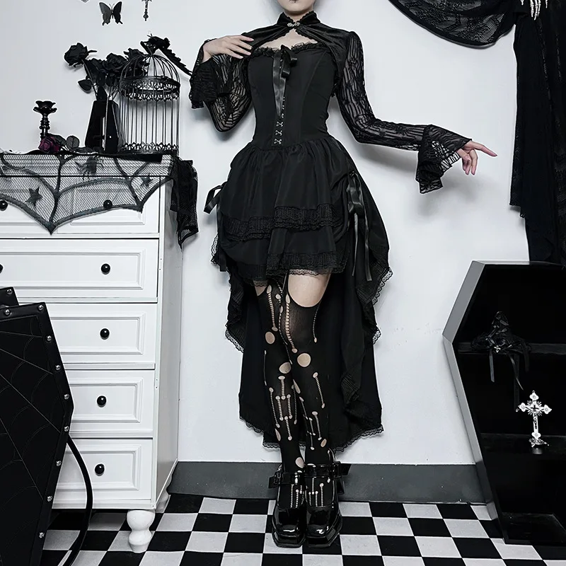 AltGoth Gothic Dark Halloween Black Dress Womem Palace Styel Lace Patchwork High Waist Corset Dress Nightclub Cosplay Partywear