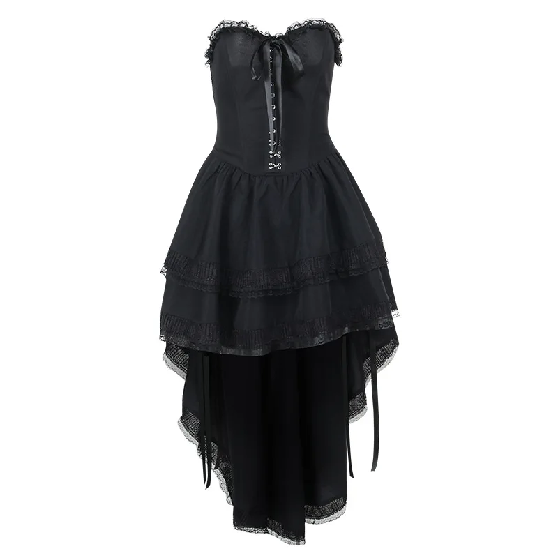AltGoth Gothic Dark Halloween Black Dress Womem Palace Styel Lace Patchwork High Waist Corset Dress Nightclub Cosplay Partywear
