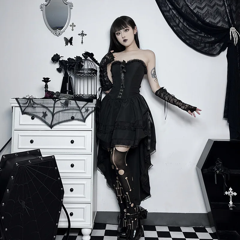 AltGoth Gothic Dark Halloween Black Dress Womem Palace Styel Lace Patchwork High Waist Corset Dress Nightclub Cosplay Partywear