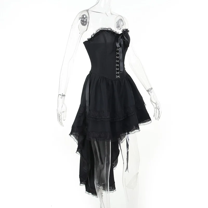 AltGoth Gothic Dark Halloween Black Dress Womem Palace Styel Lace Patchwork High Waist Corset Dress Nightclub Cosplay Partywear