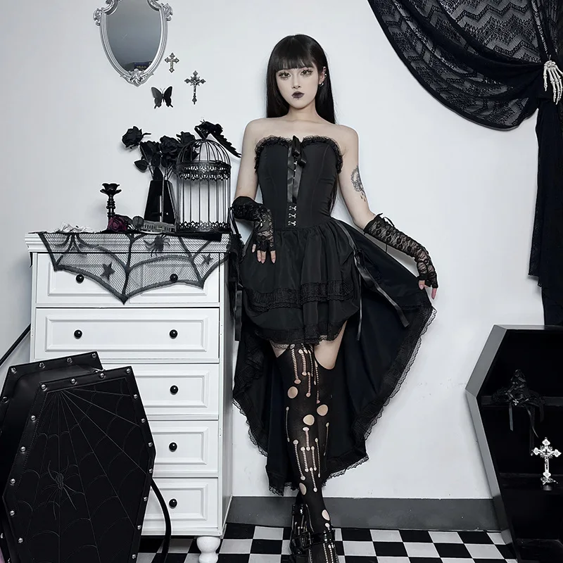 AltGoth Gothic Dark Halloween Black Dress Womem Palace Styel Lace Patchwork High Waist Corset Dress Nightclub Cosplay Partywear