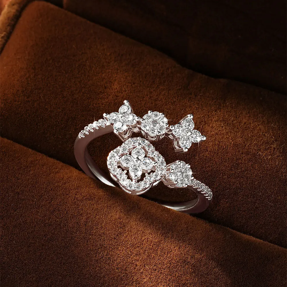 Lnkry 14k Gold Filled Adjustable Ring For Women Exquisite Certified Round Moissanite Four Leaf Flower Rings Jewelry Gift