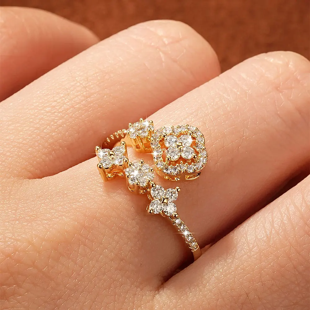 Lnkry 14k Gold Filled Adjustable Ring For Women Exquisite Certified Round Moissanite Four Leaf Flower Rings Jewelry Gift