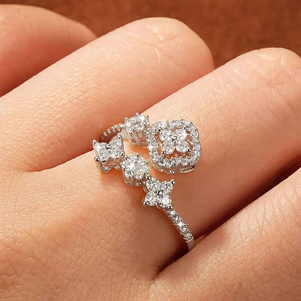 Lnkry 14k Gold Filled Adjustable Ring For Women Exquisite Certified Round Moissanite Four Leaf Flower Rings Jewelry Gift