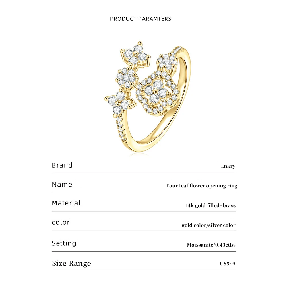 Lnkry 14k Gold Filled Adjustable Ring For Women Exquisite Certified Round Moissanite Four Leaf Flower Rings Jewelry Gift