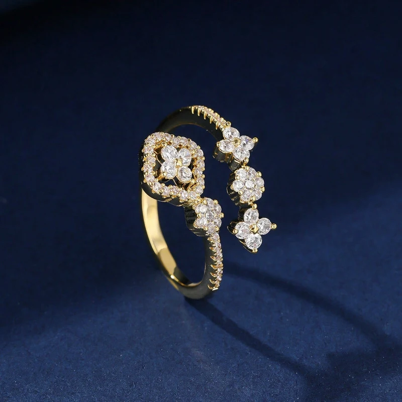 Lnkry 14k Gold Filled Adjustable Ring For Women Exquisite Certified Round Moissanite Four Leaf Flower Rings Jewelry Gift