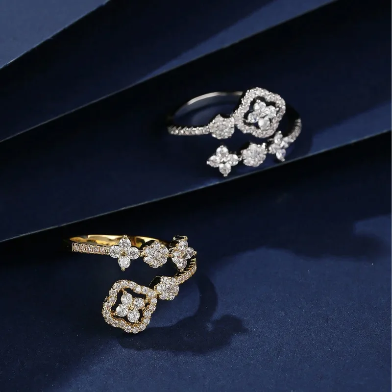 Lnkry 14k Gold Filled Adjustable Ring For Women Exquisite Certified Round Moissanite Four Leaf Flower Rings Jewelry Gift
