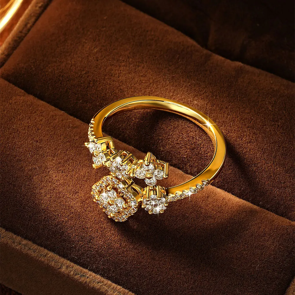 Lnkry 14k Gold Filled Adjustable Ring For Women Exquisite Certified Round Moissanite Four Leaf Flower Rings Jewelry Gift