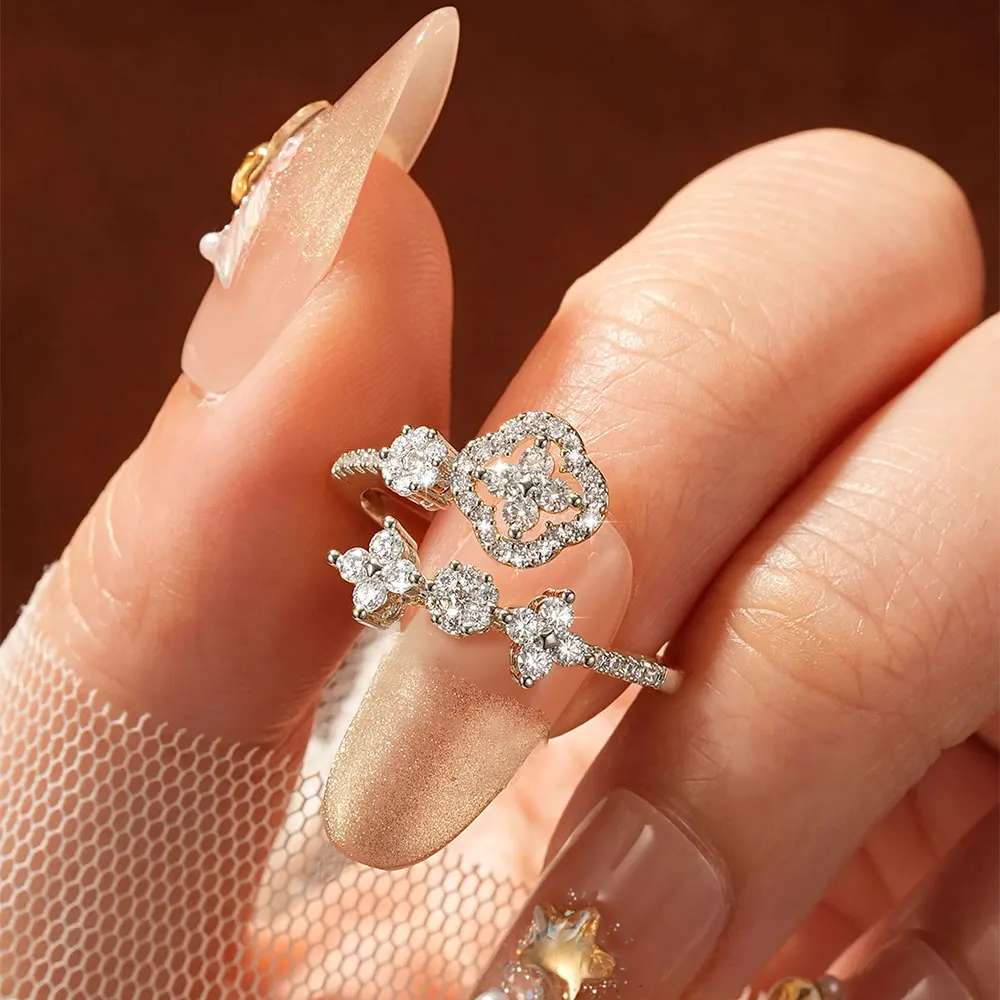 Lnkry 14k Gold Filled Adjustable Ring For Women Exquisite Certified Round Moissanite Four Leaf Flower Rings Jewelry Gift