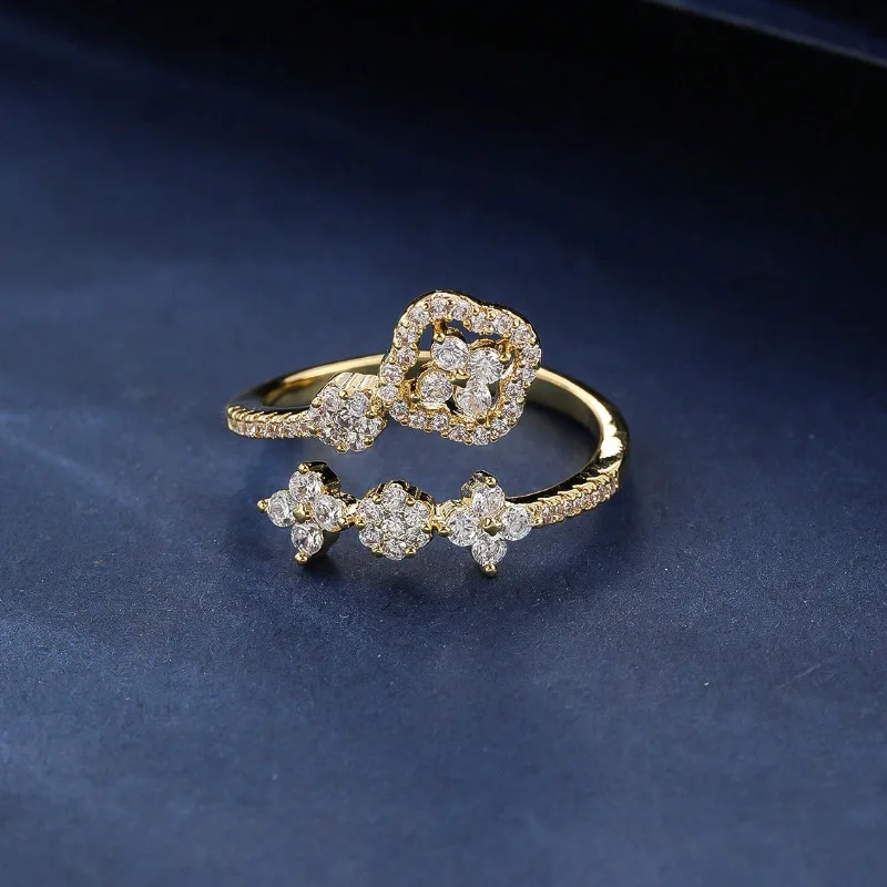 Lnkry 14k Gold Filled Adjustable Ring For Women Exquisite Certified Round Moissanite Four Leaf Flower Rings Jewelry Gift