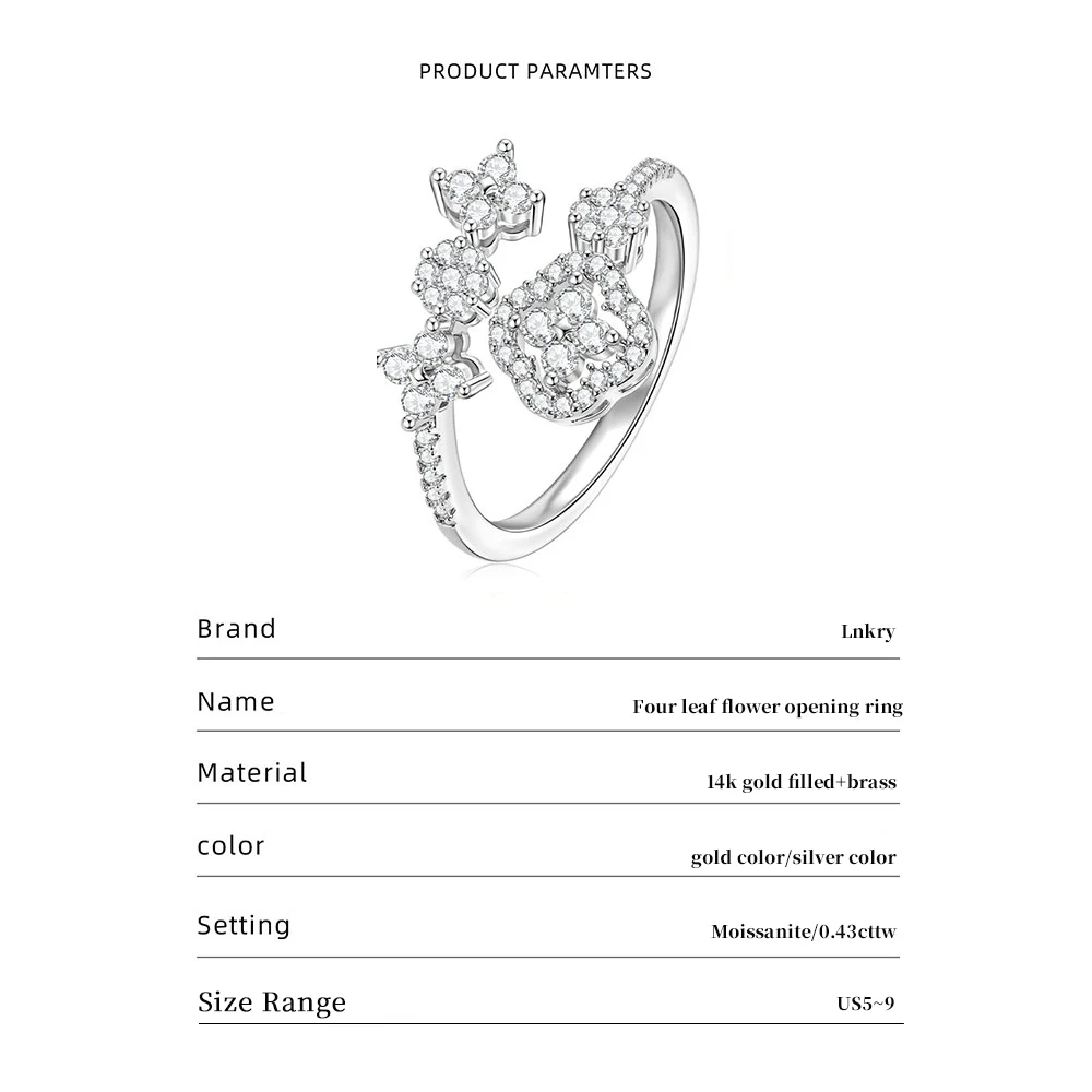 Lnkry 14k Gold Filled Adjustable Ring For Women Exquisite Certified Round Moissanite Four Leaf Flower Rings Jewelry Gift