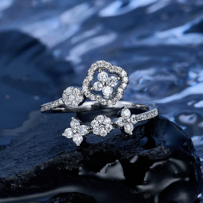 Lnkry 14k Gold Filled Adjustable Ring For Women Exquisite Certified Round Moissanite Four Leaf Flower Rings Jewelry Gift