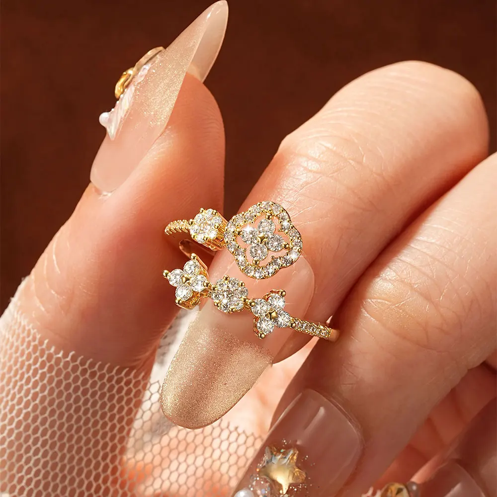 Lnkry 14k Gold Filled Adjustable Ring For Women Exquisite Certified Round Moissanite Four Leaf Flower Rings Jewelry Gift