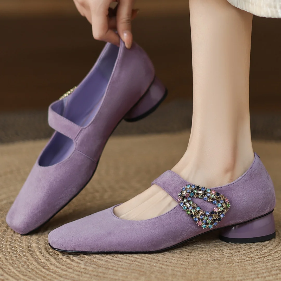Women's natural suede leather crystal buckle square toe slip-on Mary Jane pumps 3.5cm thick med heel slim daily dress shoes sale