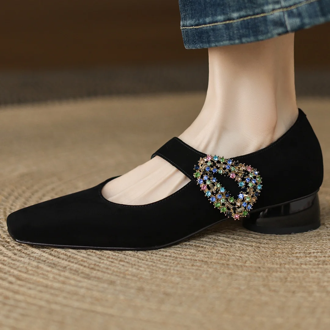 Women's natural suede leather crystal buckle square toe slip-on Mary Jane pumps 3.5cm thick med heel slim daily dress shoes sale