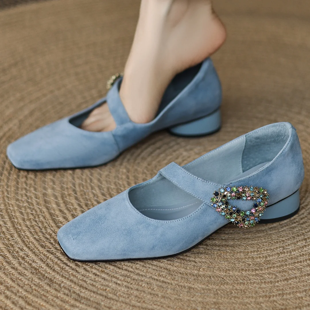 Women's natural suede leather crystal buckle square toe slip-on Mary Jane pumps 3.5cm thick med heel slim daily dress shoes sale
