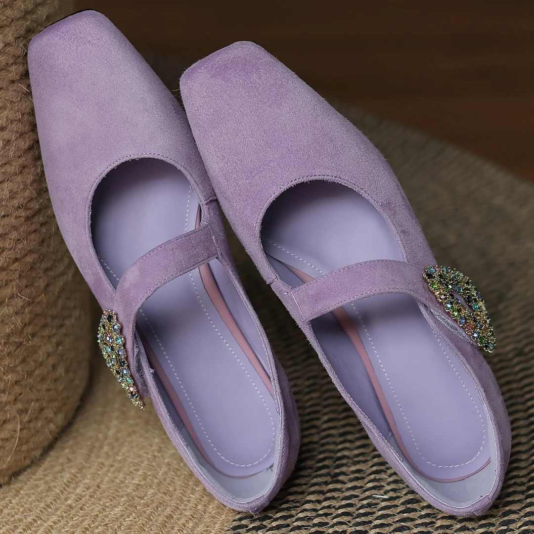 Women's natural suede leather crystal buckle square toe slip-on Mary Jane pumps 3.5cm thick med heel slim daily dress shoes sale
