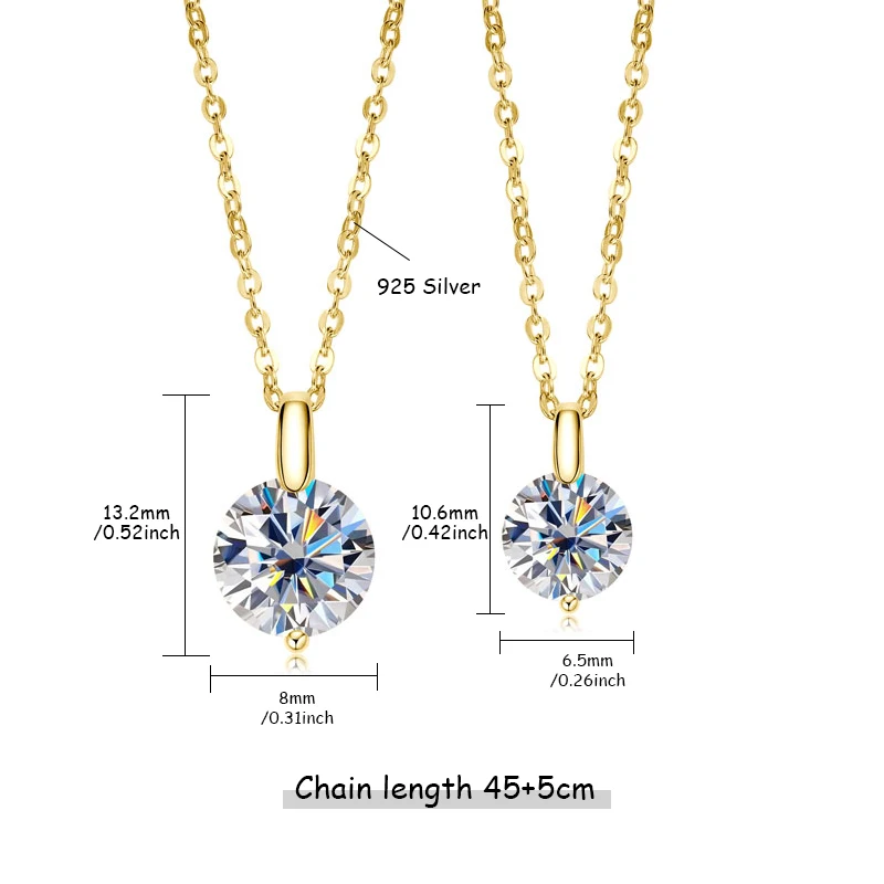 OXTAO 2CT 1CT D Color Real Moissanite Pendant Necklace Women's S925 Silver Chain 14K Yellow Plated Necklaces Wedding Jewelry