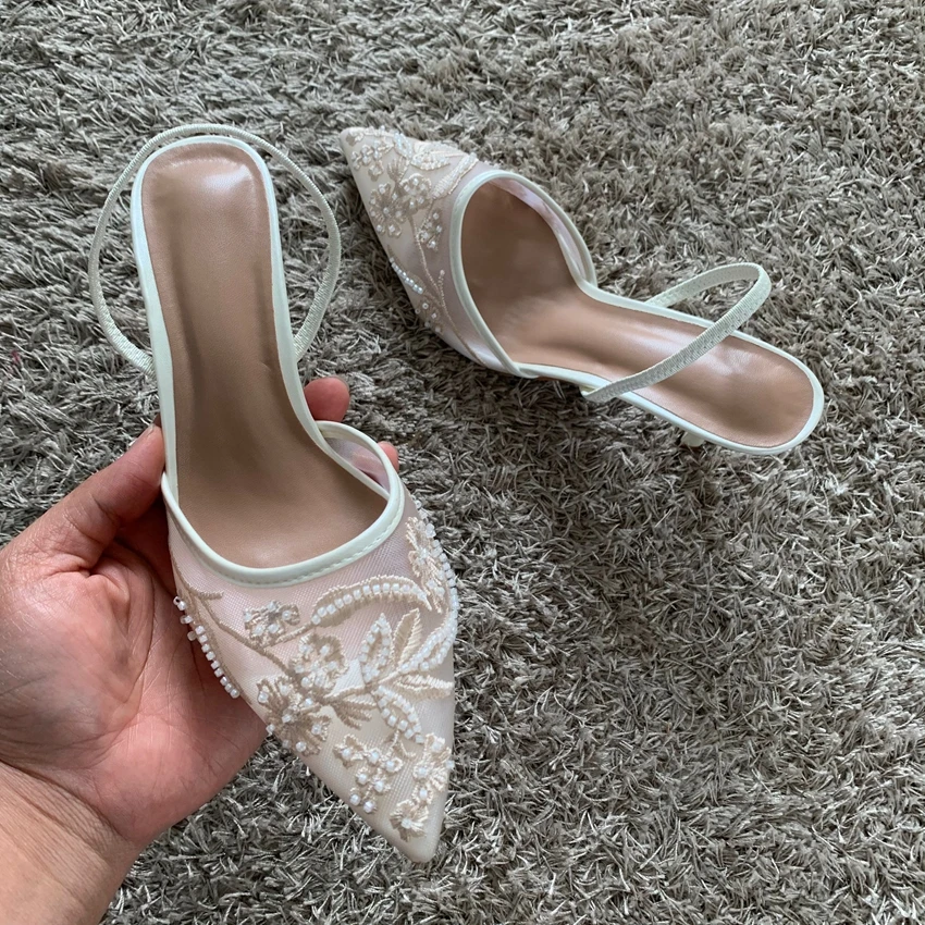 Mesh Embroidered Thin High Heels Sandals Women 2025 Summer Sexy Slingback Pointed Toe Pumps Dress Shoes Woman Sandalias De Mujer