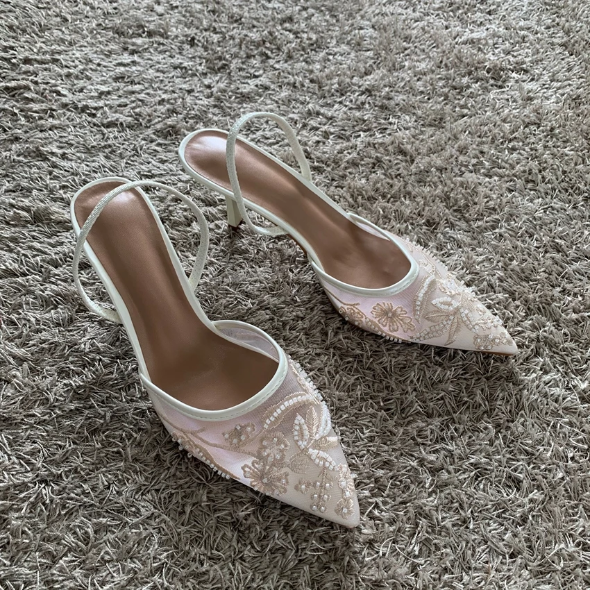Mesh Embroidered Thin High Heels Sandals Women 2025 Summer Sexy Slingback Pointed Toe Pumps Dress Shoes Woman Sandalias De Mujer