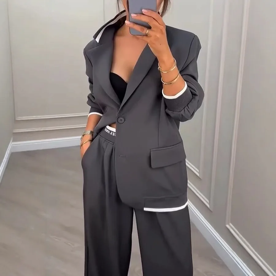 Women Suit Jacket Pants 2 Pieces Set Coat Wide Leg Trousers Outfits Single Breasted Turn Down Collar Office Lady Ensemble Autumn