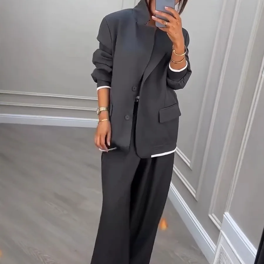 Women Suit Jacket Pants 2 Pieces Set Coat Wide Leg Trousers Outfits Single Breasted Turn Down Collar Office Lady Ensemble Autumn