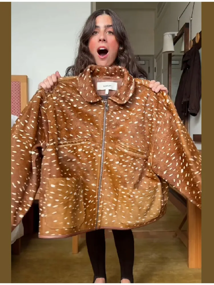 2025 New Women Flip Collar Polka Dot Short Jacket Female Vintage Long Sleeved Coat Autumn Winter Casual Street Chic Outwear