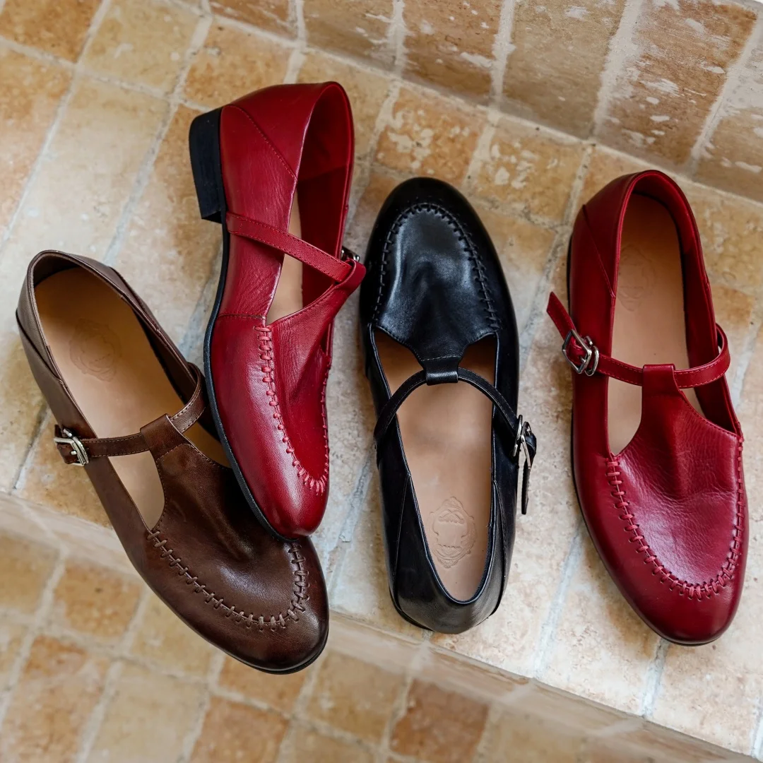 Women's cow leather t-strap slip-on flats loafers round toe high quality soft comfortable casual female moccasins shoes woman