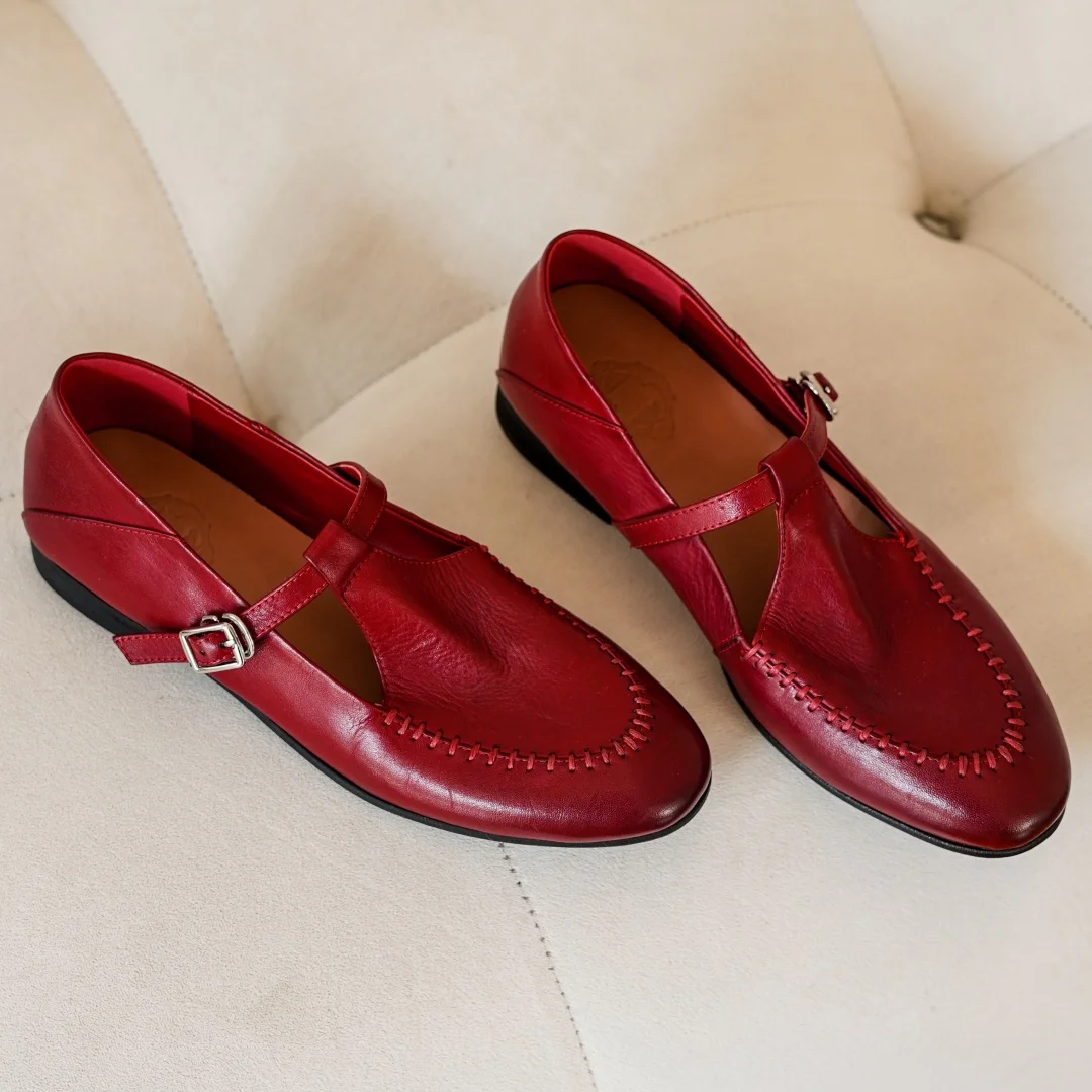 Women's cow leather t-strap slip-on flats loafers round toe high quality soft comfortable casual female moccasins shoes woman