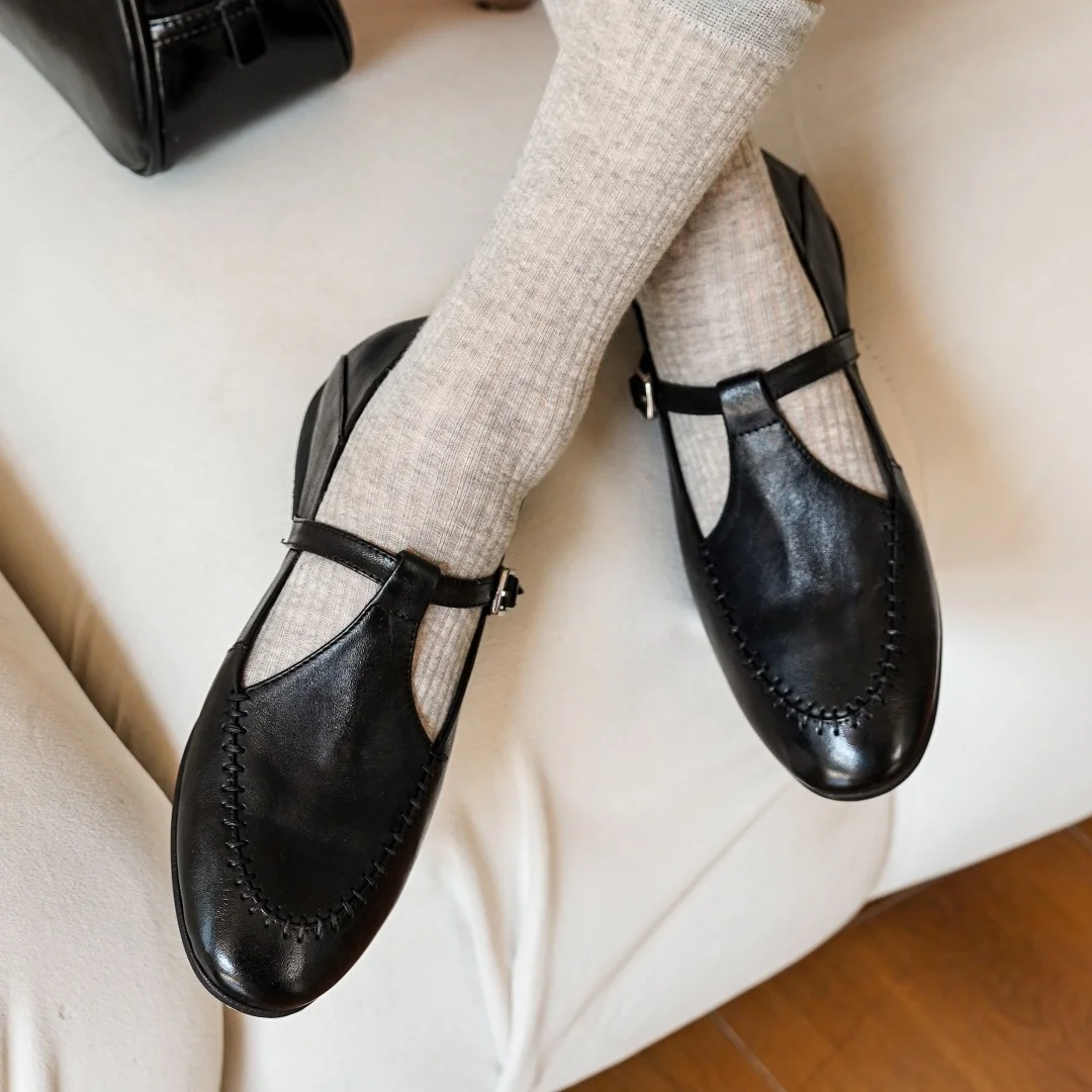 Women's cow leather t-strap slip-on flats loafers round toe high quality soft comfortable casual female moccasins shoes woman