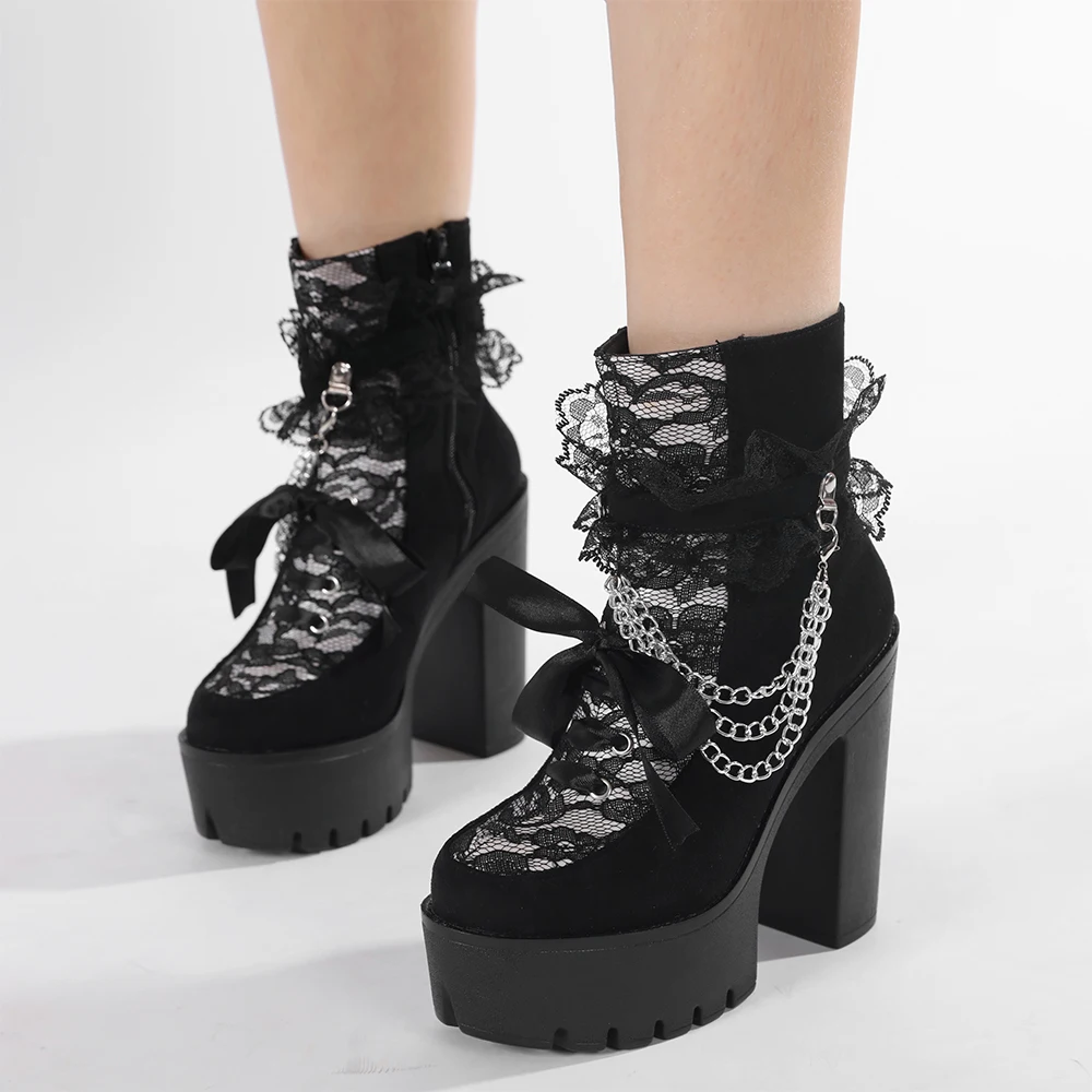 Gdgydh Vintage Gothic Lace Ankle Boots for Women Chunky Heel Side Zipper with Chain Detail Platform Goth Boots High Heels