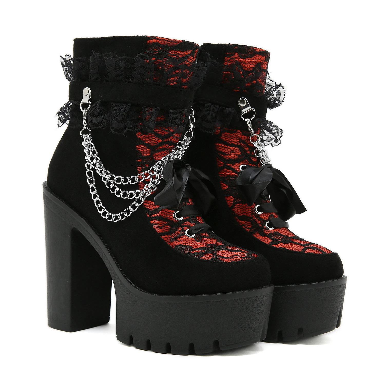Gdgydh Vintage Gothic Lace Ankle Boots for Women Chunky Heel Side Zipper with Chain Detail Platform Goth Boots High Heels
