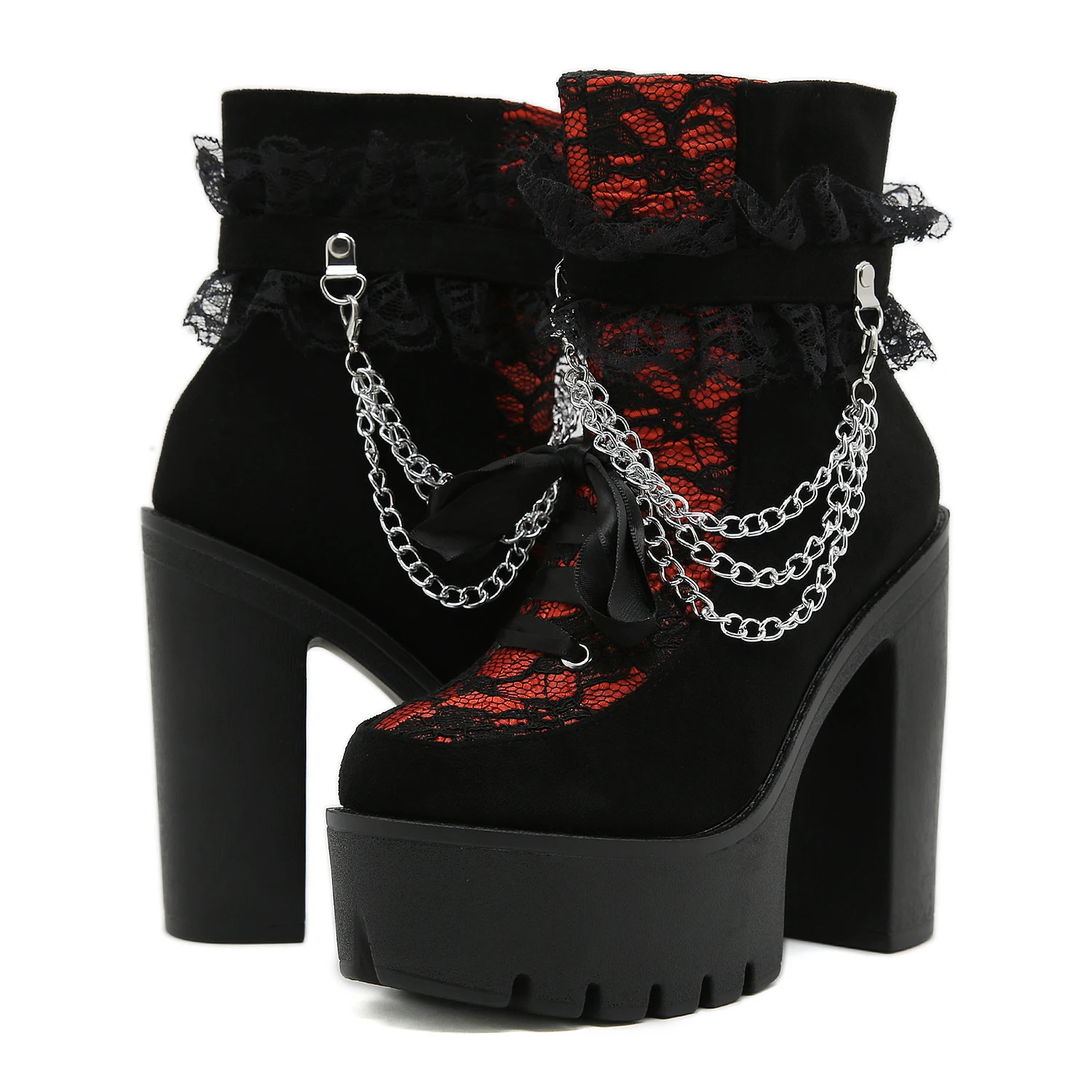 Gdgydh Vintage Gothic Lace Ankle Boots for Women Chunky Heel Side Zipper with Chain Detail Platform Goth Boots High Heels