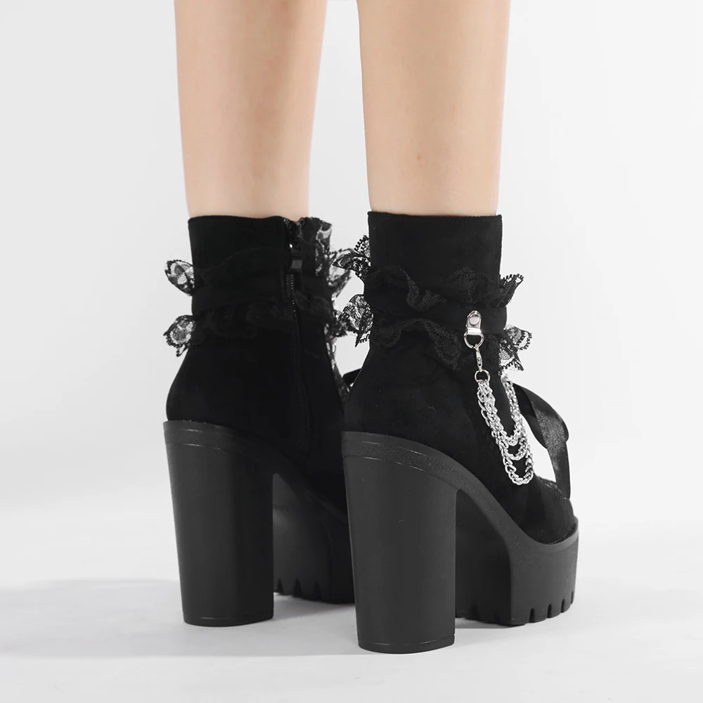 Gdgydh Vintage Gothic Lace Ankle Boots for Women Chunky Heel Side Zipper with Chain Detail Platform Goth Boots High Heels