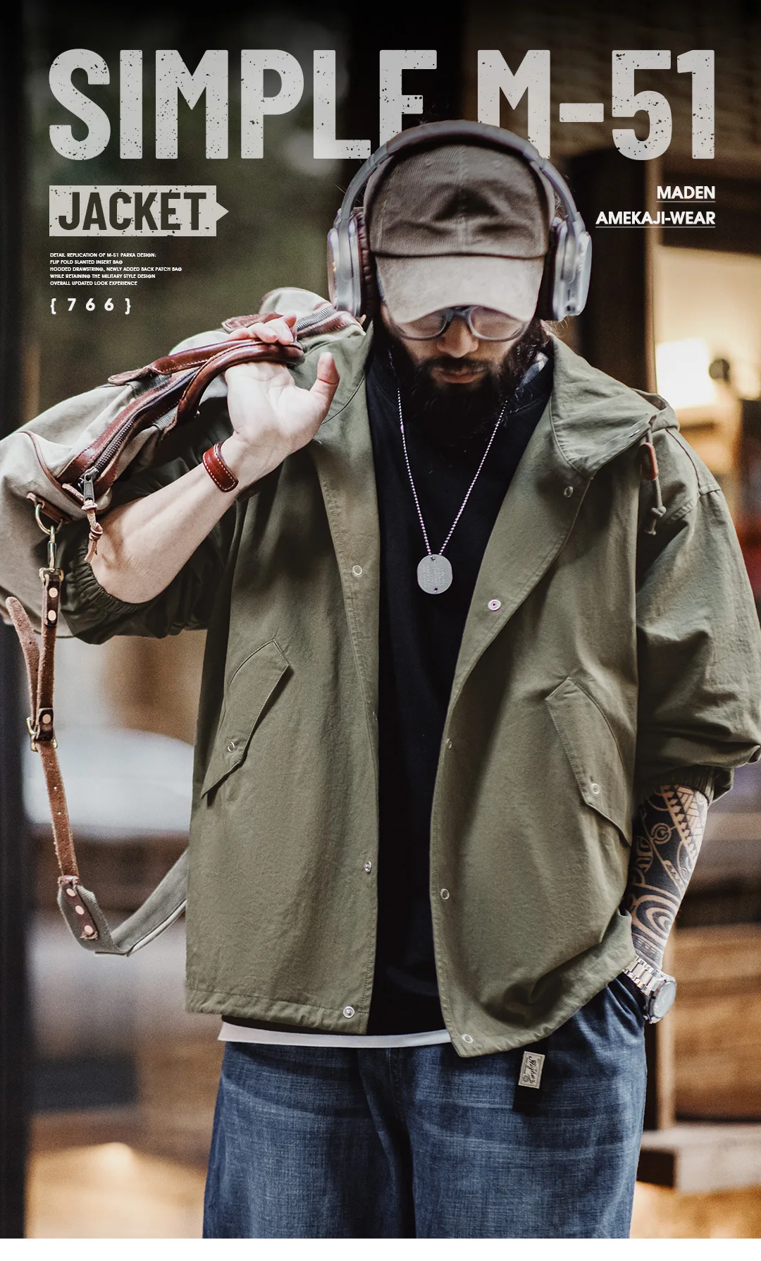 Maden Vintage Green M51 Hooded Jacket Loose Fishtail Short Overcoat Men's Versatile Outwear with Pockets Hidden Button Placket