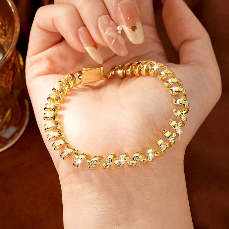 Rrjzz D-Color Full Moissanite Light Luxury Spiral Niche Bracelet Unique Charm Bracelets for Women Birthday Daily Jewelry Gifts