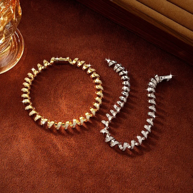 Rrjzz D-Color Full Moissanite Light Luxury Spiral Niche Bracelet Unique Charm Bracelets for Women Birthday Daily Jewelry Gifts