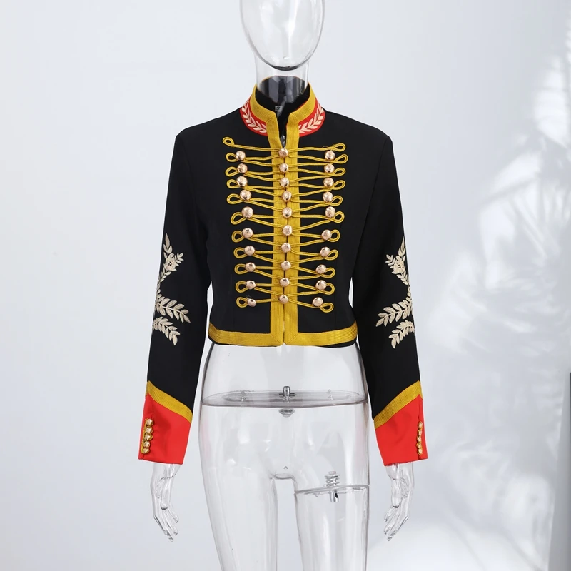 Vintage Women's Cropped Jacket Gold Embroidery Stand Collar Spliced Napoleon Military Coat 2026 Autumn Lady Street Outerwear